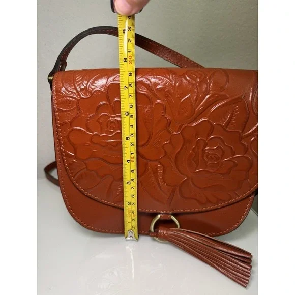 Patricia Nash Brinlee Leather Saddle Crossbody Bag Tassel Brown Cinnamon Tooled - Picture 8 of 16